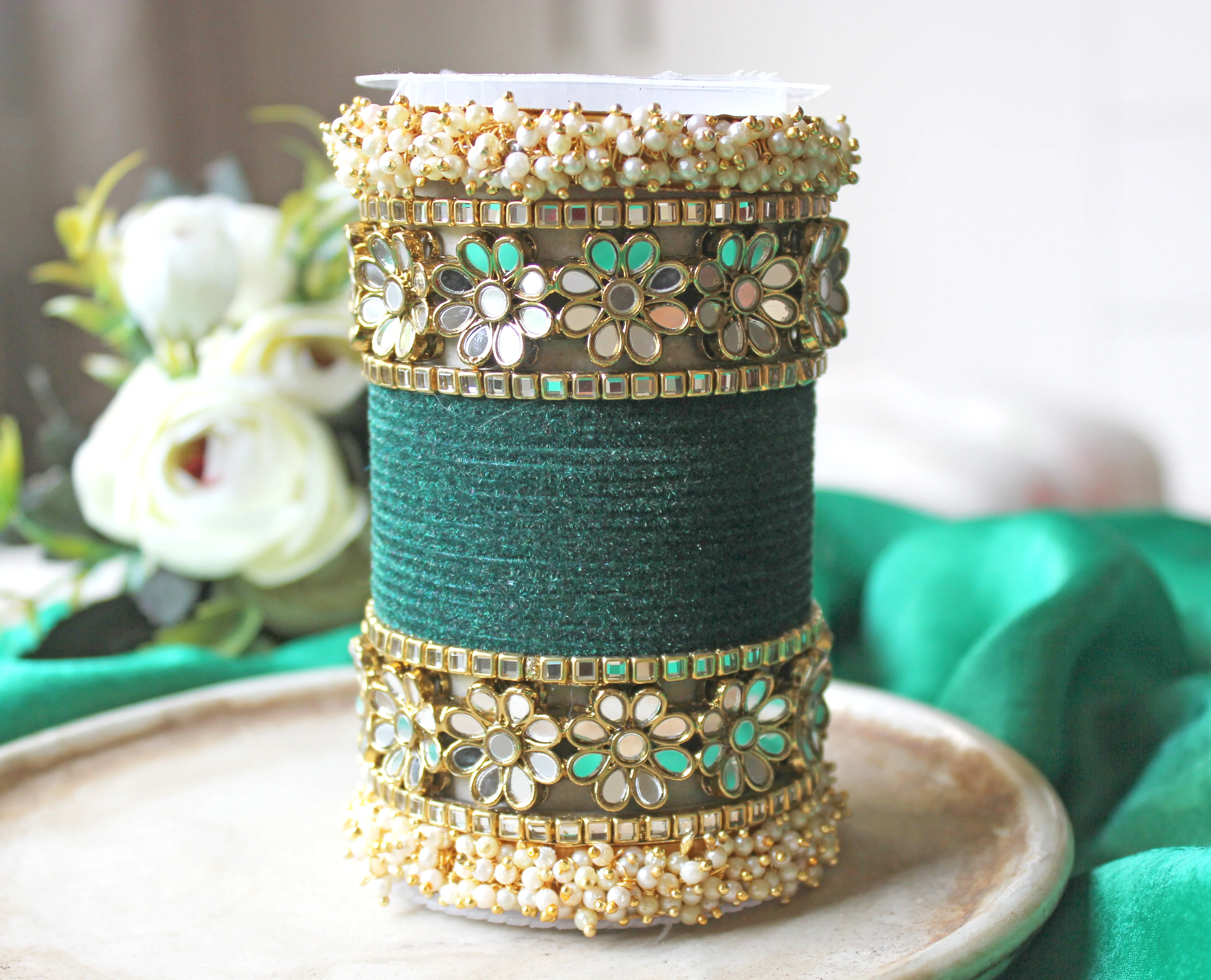 Flower Mirror Bangle Set with Velvet Bangles by Leshya - Image 9