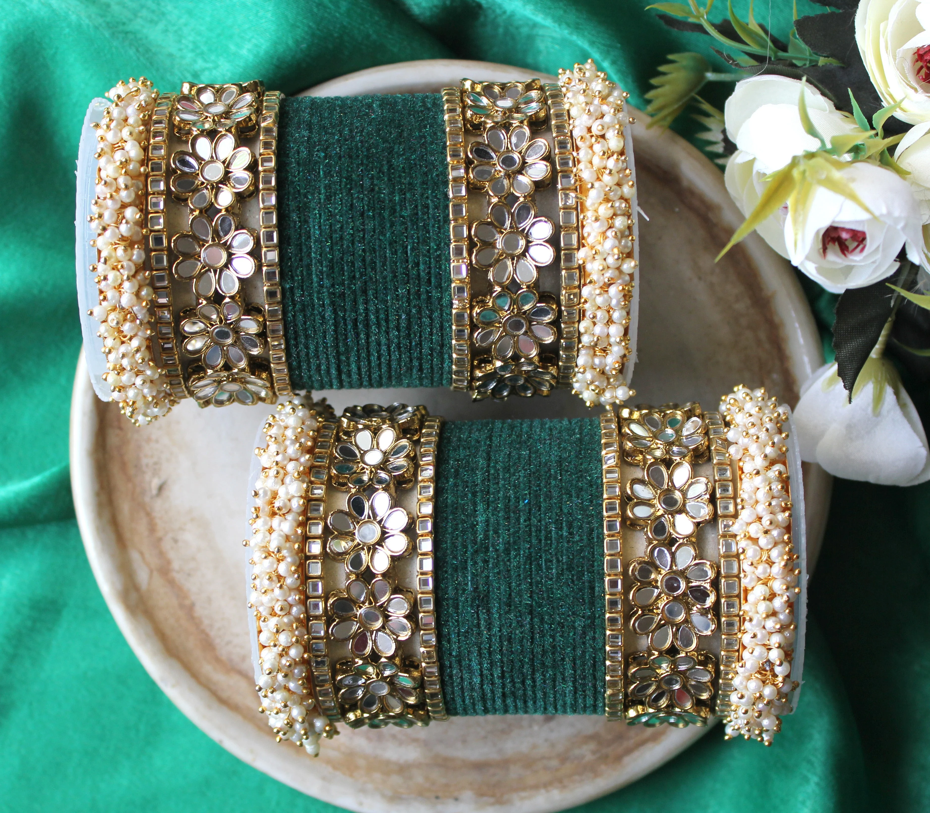 Flower Mirror Bangle Set with Velvet Bangles by Leshya Plus size - Image 7