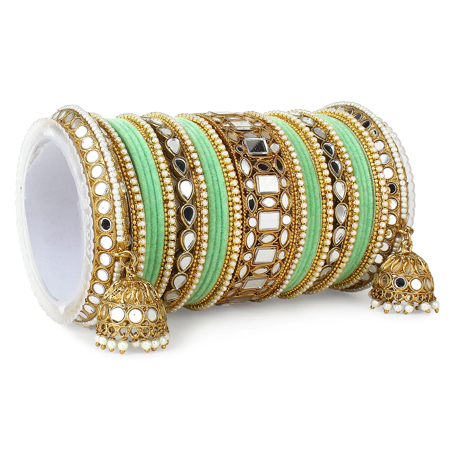 Traditional Mirror Bangle Set with Velvet Rec Bangles with Jhumki by Leshya - Image 10
