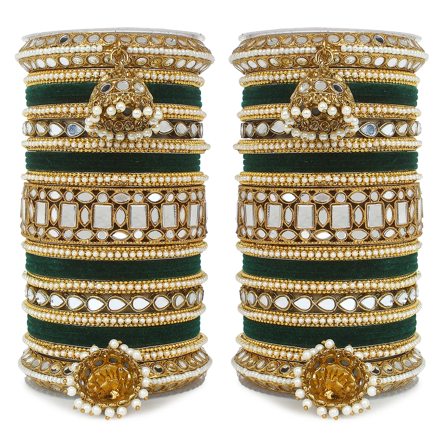 Traditional Mirror Bangle Set with Velvet Rec Bangles with Jhumki by Leshya - Image 11