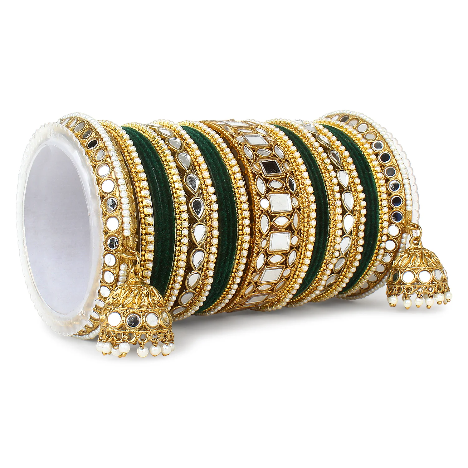 Traditional Mirror Bangle Set with Velvet Rec Bangles with Jhumki by Leshya - Image 12