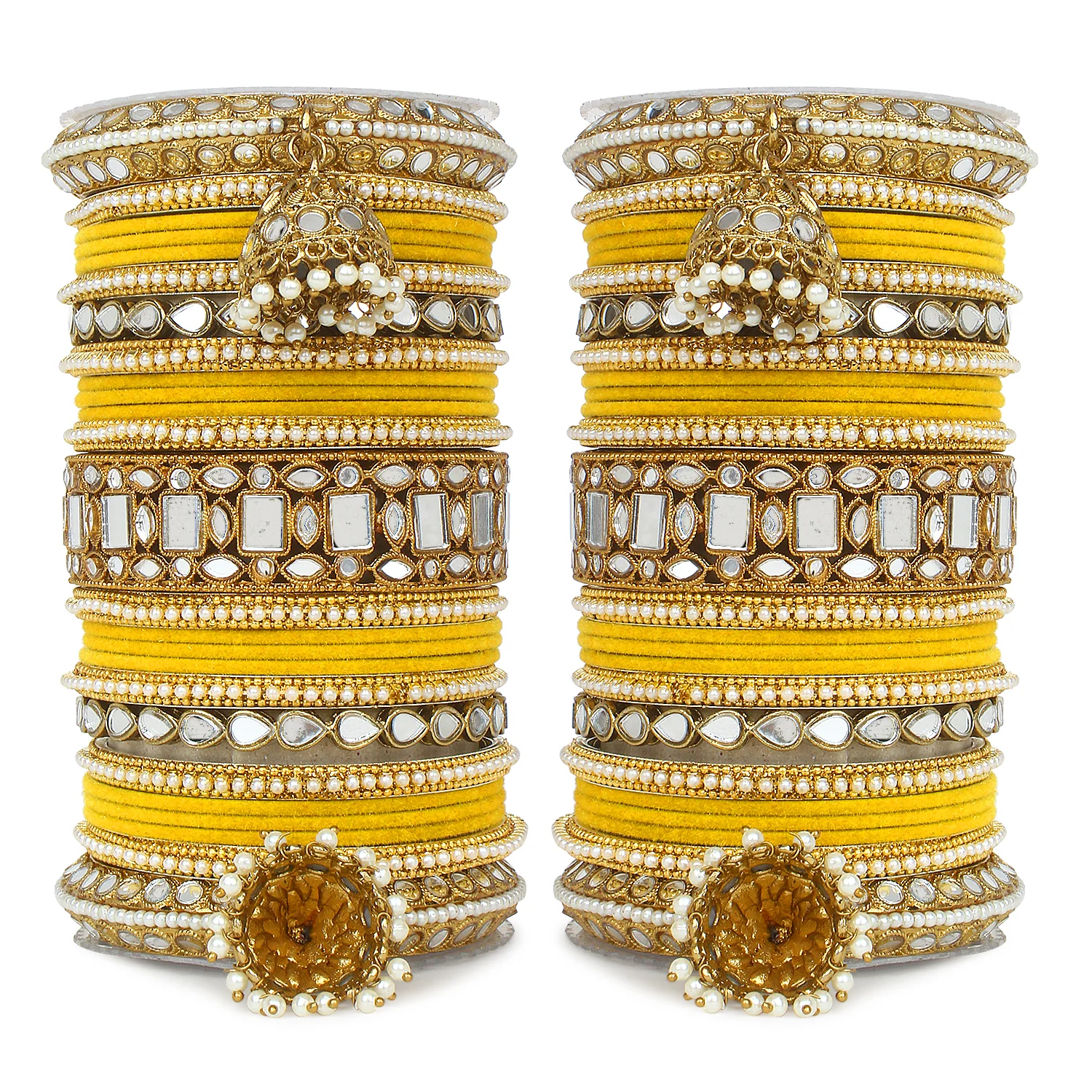 Traditional Mirror Bangle Set with Velvet Rec Bangles with Jhumki by Leshya - Image 13