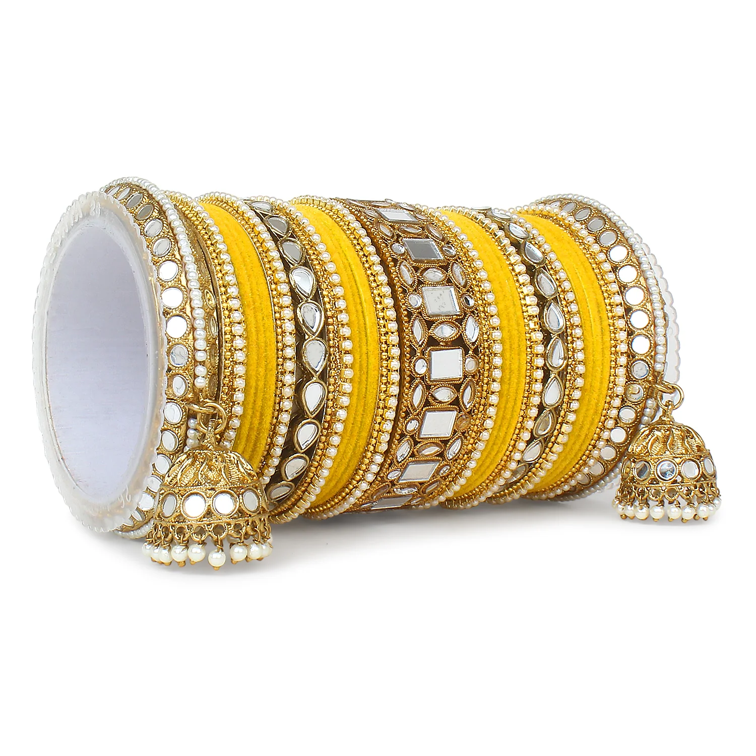 Traditional Mirror Bangle Set with Velvet Rec Bangles with Jhumki by Leshya - Image 14