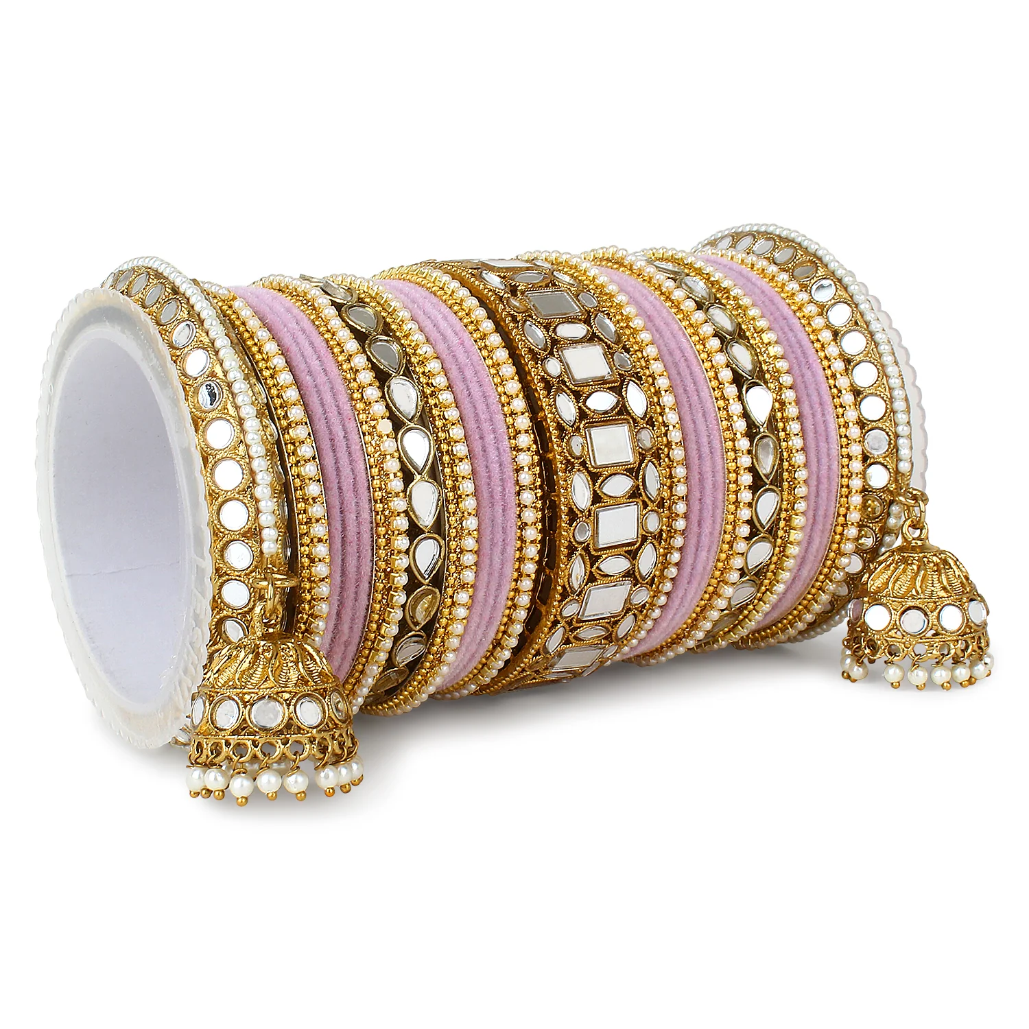Traditional Mirror Bangle Set with Velvet Rec Bangles with Jhumki by Leshya - Image 16
