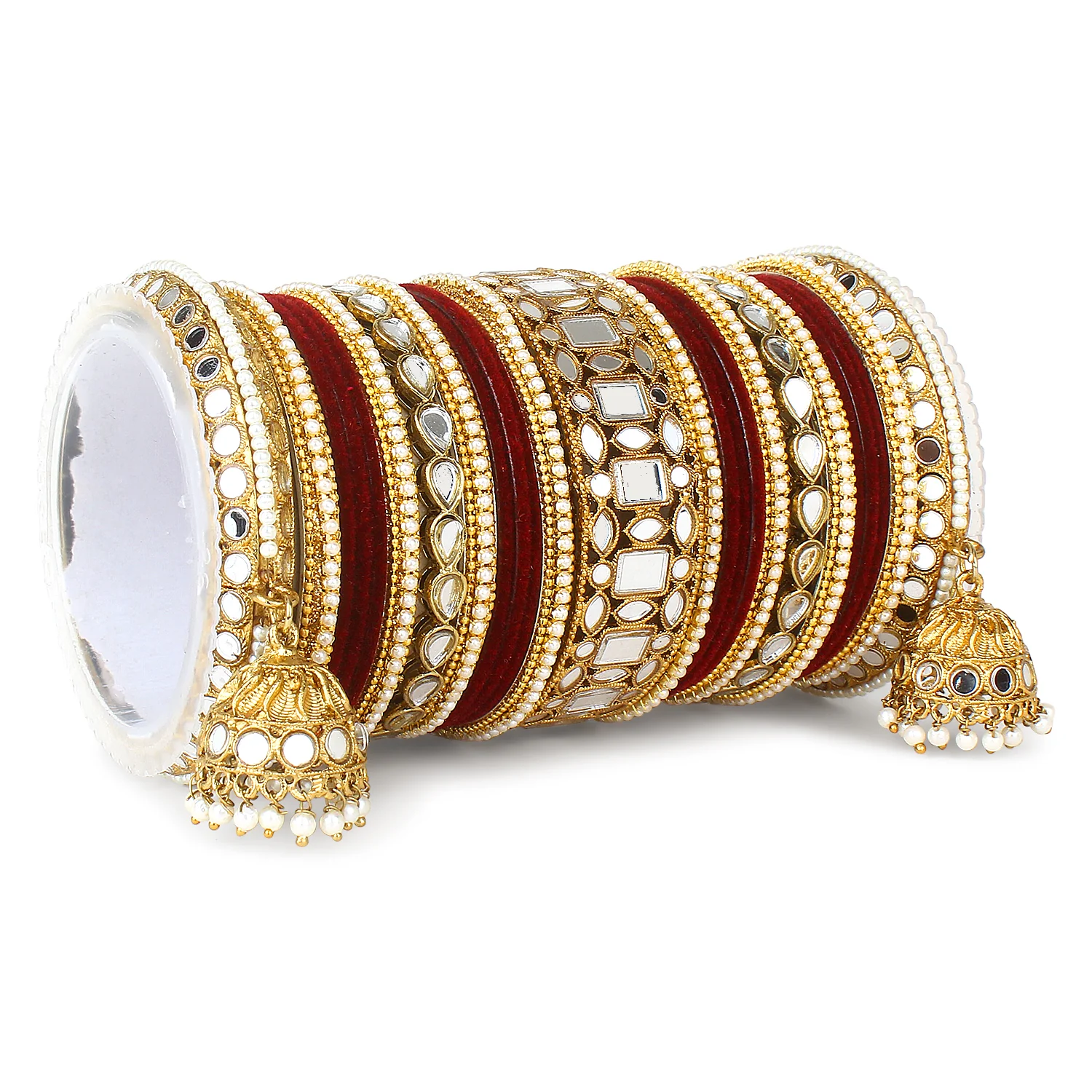 Traditional Mirror Bangle Set with Velvet Rec Bangles with Jhumki by Leshya - Image 18