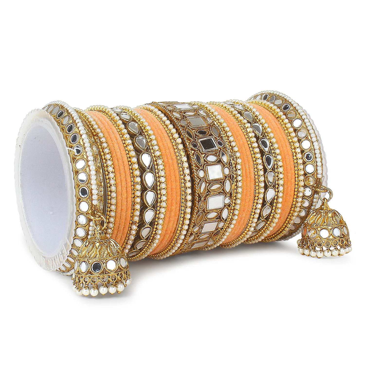 Traditional Mirror Bangle Set with Velvet Rec Bangles with Jhumki by Leshya - Image 20