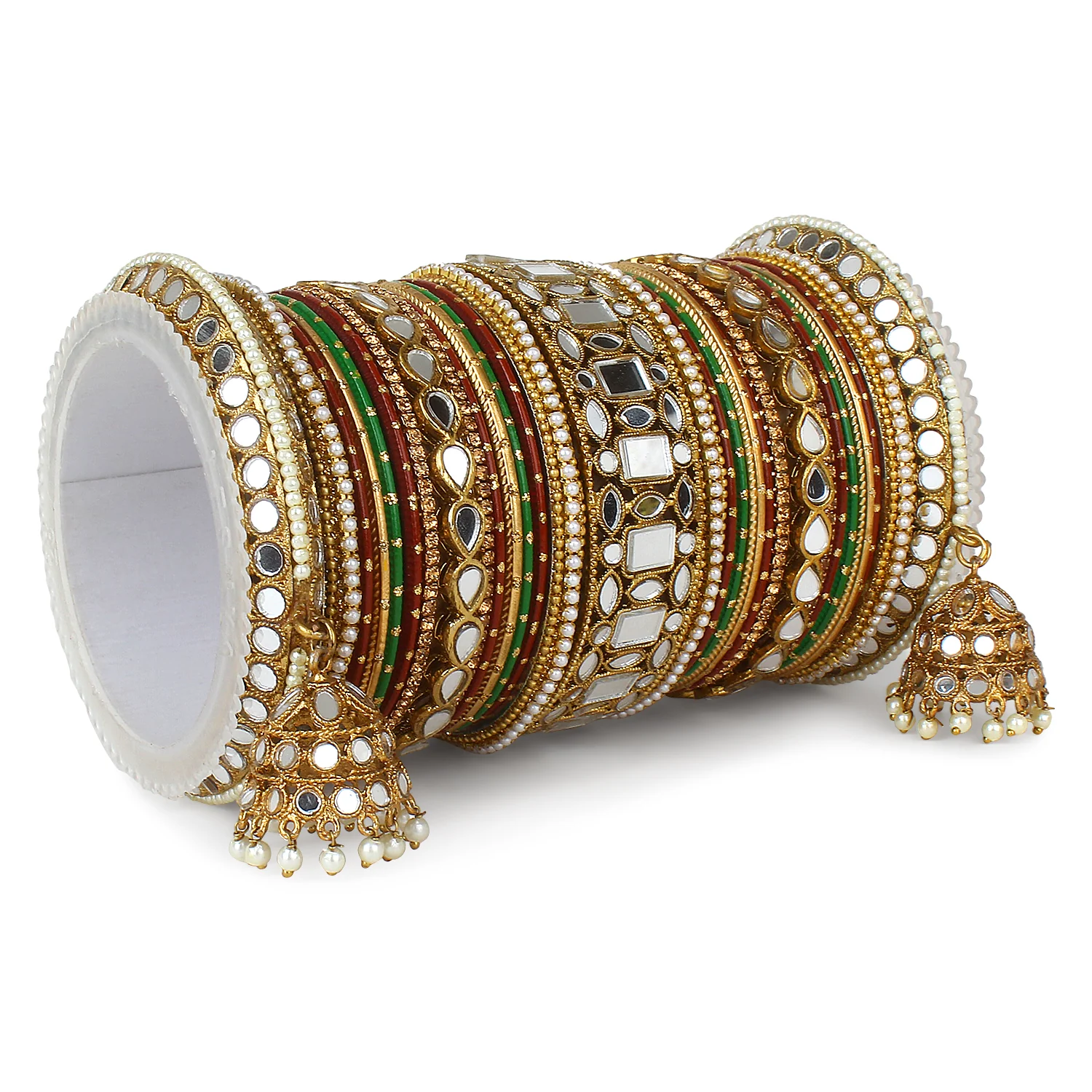 Traditional Mirror Bangle Set with Velvet Rec Bangles with Jhumki by Leshya - Image 22