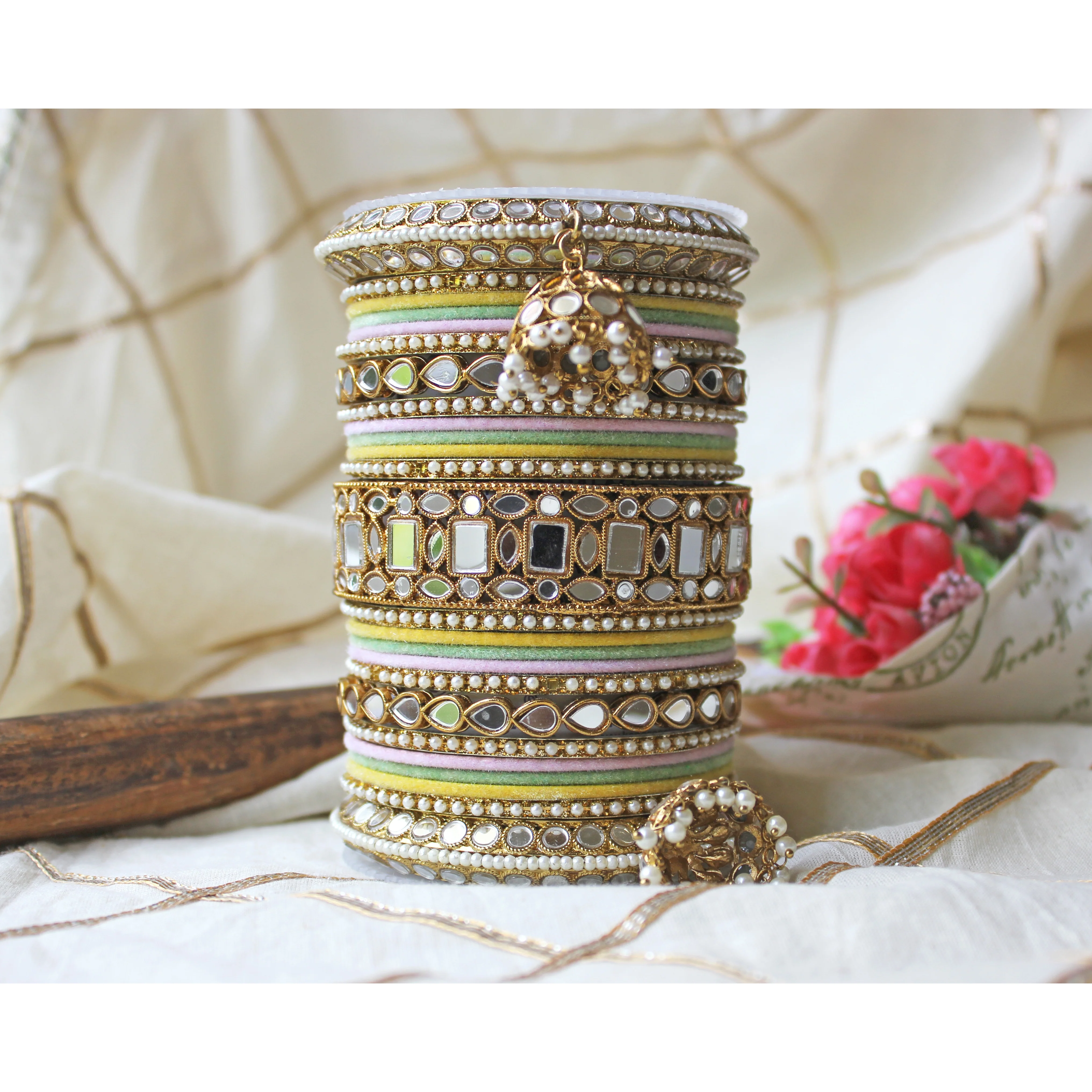 Traditional Mirror Bangle Set with Velvet Rec Bangles with Jhumki by Leshya - Image 4