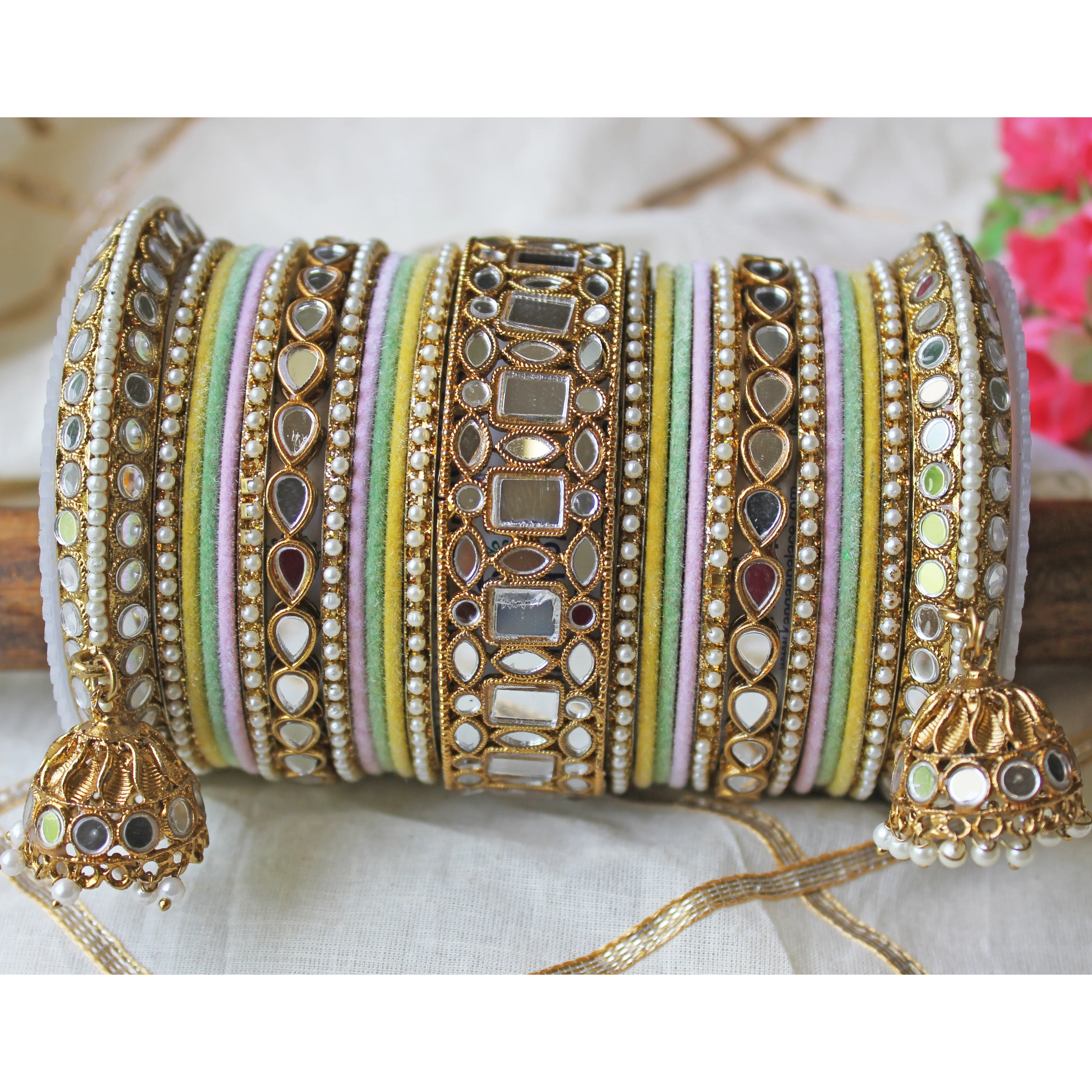 Traditional Mirror Bangle Set with Velvet Rec Bangles with Jhumki by Leshya - Image 5