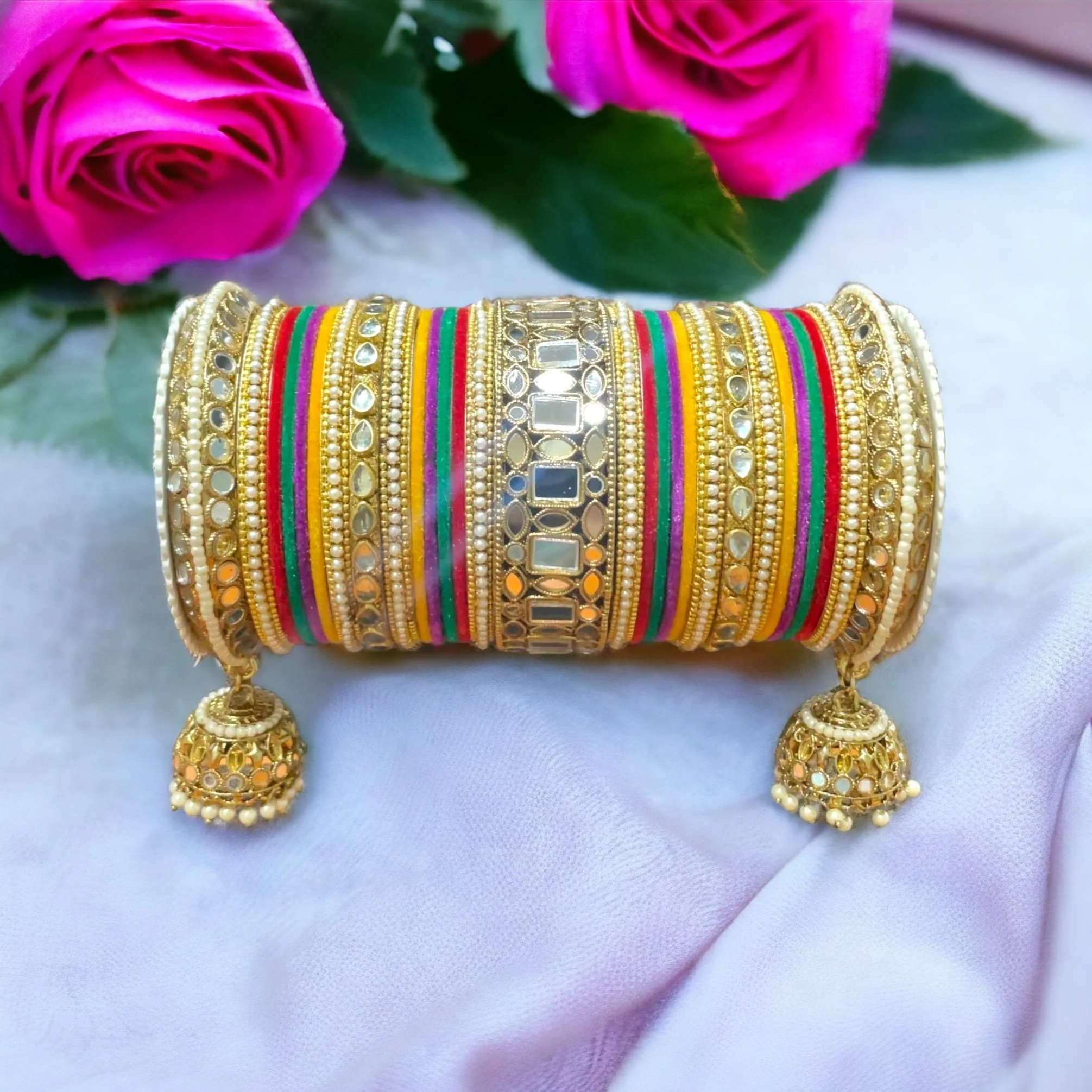 Traditional Mirror Bangle Set with Velvet Rec Bangles with Jhumki by Leshya - Image 6