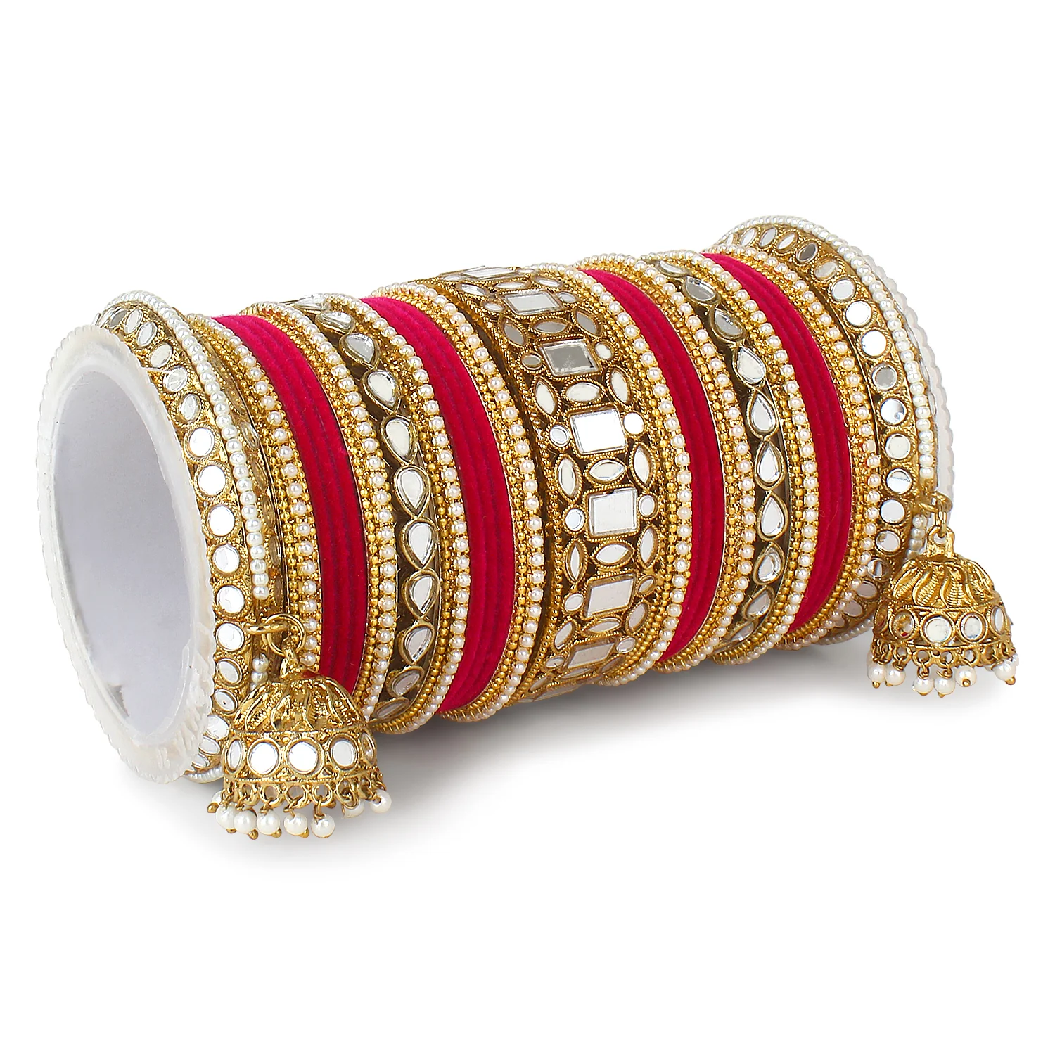 Traditional Mirror Bangle Set with Velvet Rec Bangles with Jhumki by Leshya - Image 8