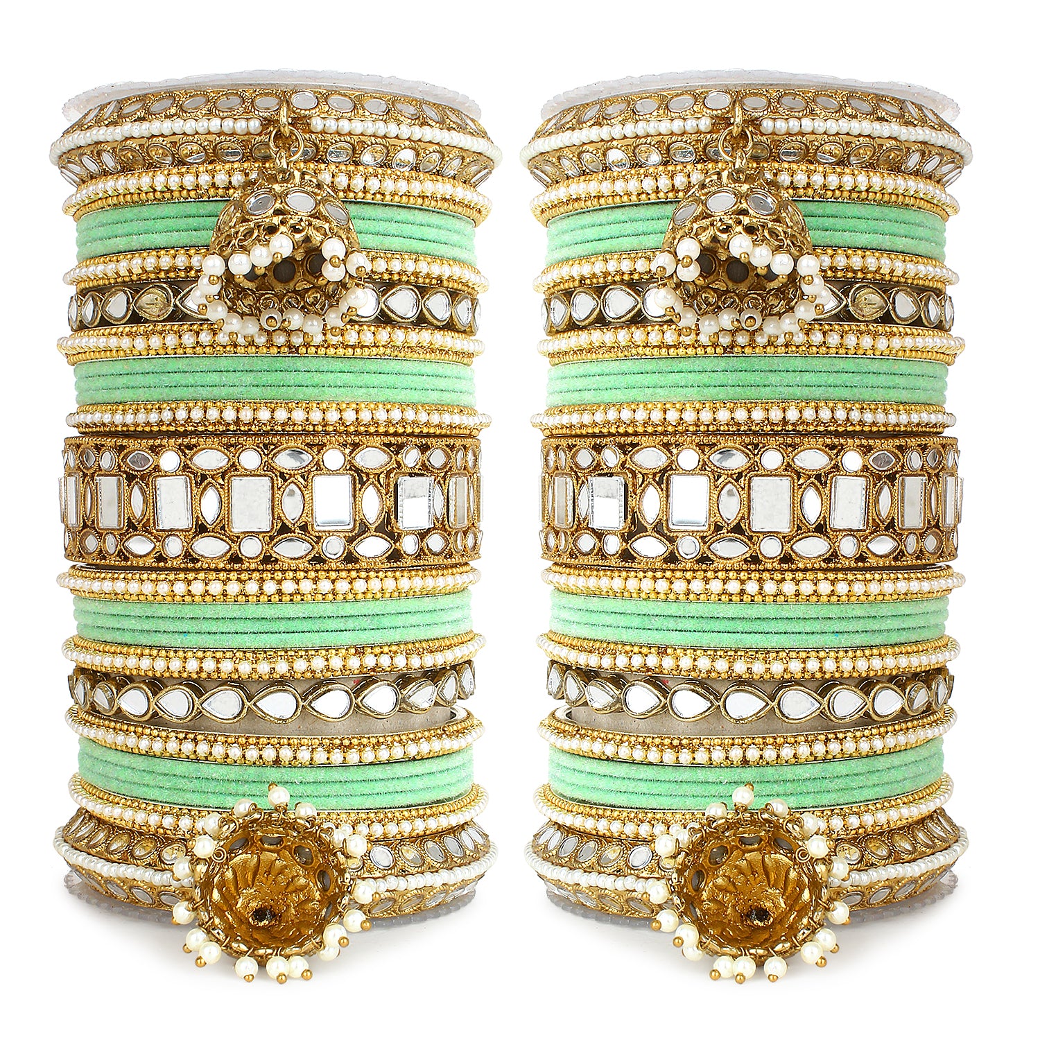 Traditional Mirror Bangle Set with Velvet Rec Bangles with Jhumki by Leshya - Image 9